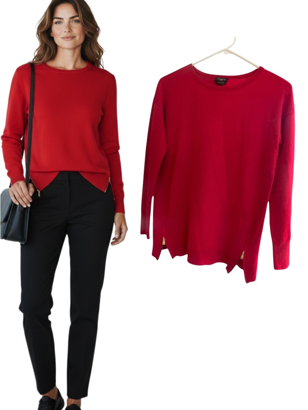 Talbots Red 100% Merino Wool Sweater Side Zipper Crewneck Top SP Small